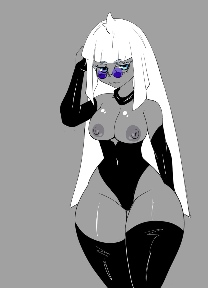 big_thighs blue_eyes breasts_out bunnysuit female female_focus female_only fung_enoki genderswap_(mtf) jujutsu_kaisen looking_over_eyewear looking_over_sunglasses milf satoru_gojo sketch small_breasts smile smiling stockings sunglasses thick_thighs tinted_eyewear white_hair