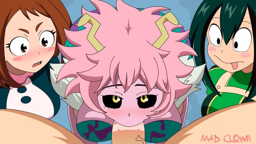 1boy 3girls animated big_breasts black_sclera breasts cleavage deep_blowjob deepthroat deepthroat_no_hands erection eye_contact fellatio female fringe hands-free hero_outfit_(mha) large_breasts licking_lips looking_at_viewer madclown24 male medium_hair mina_ashido multiple_girls my_hero_academia ochako_uraraka oral oral_sex penis petite pink_hair pink_skin pov schoolgirl short_hair shounen_jump straight tsuyu_asui yellow_eyes