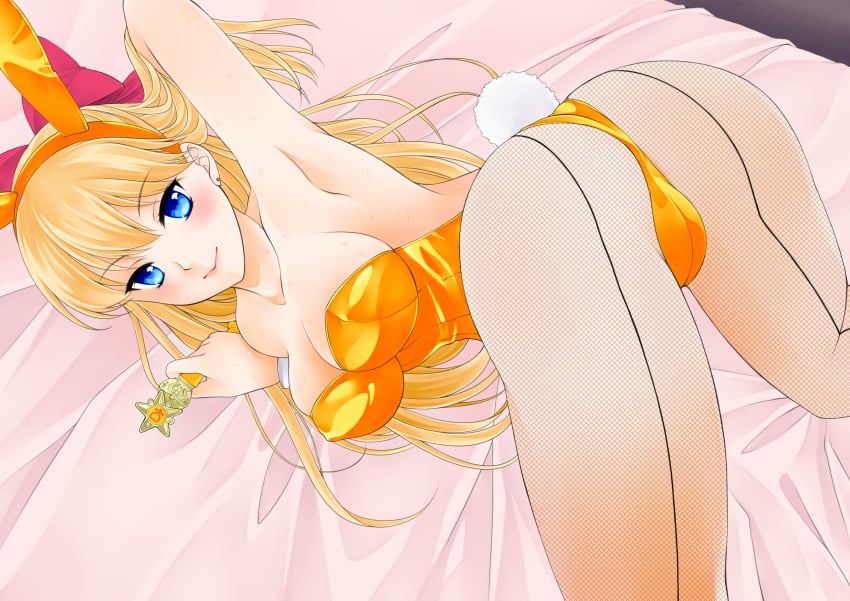 absurdres animal_ears arm_up ass bare_shoulders bed_sheet big_breasts bishoujo_senshi_sailor_moon blonde_hair blue_eyes bow collarbone fake_animal_ears female female_focus fishnet_pantyhose fishnets hairbow hand_in_own_hair highres kutsuna_ayumu leotard long_hair looking_at_viewer looking_back minako_aino pantyhose playboy_bunny rabbit_ears rabbit_tail sailor_venus solo tail top-down_bottom-up