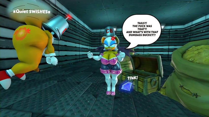 100acrew 1boy 1girls 2025 anthro ass ass_focus bat_girl brainwashed breasts bucket_on_head chaos_emerald chestplate chum_bucket chum_bucket_bucket_helmet dialogue drone emerald_(gem) female femboy fox_boy gold_(metal) gold_jewelry huge_ass male mind_control mobian mobian_(species) rouge_the_bat sega sfm sonic_(series) sonic_the_hedgehog_(series) source_filmmaker speech_bubble standing treasure treasure_chest white_hair yellow_body yellow_skin