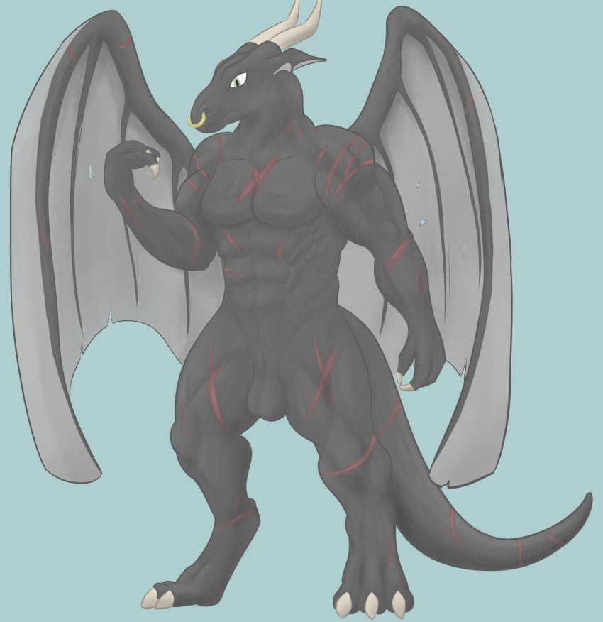 abs absurd_res animal_genitalia anthro balls barefoot biceps big_muscles claws digitigrade dragon facial_piercing feet genital_slit hi_res horn kynikos male male_only muscular nose_piercing nose_ring nude piercing ryz_drauky_(artist) scalie scar slit solo western_dragon wings