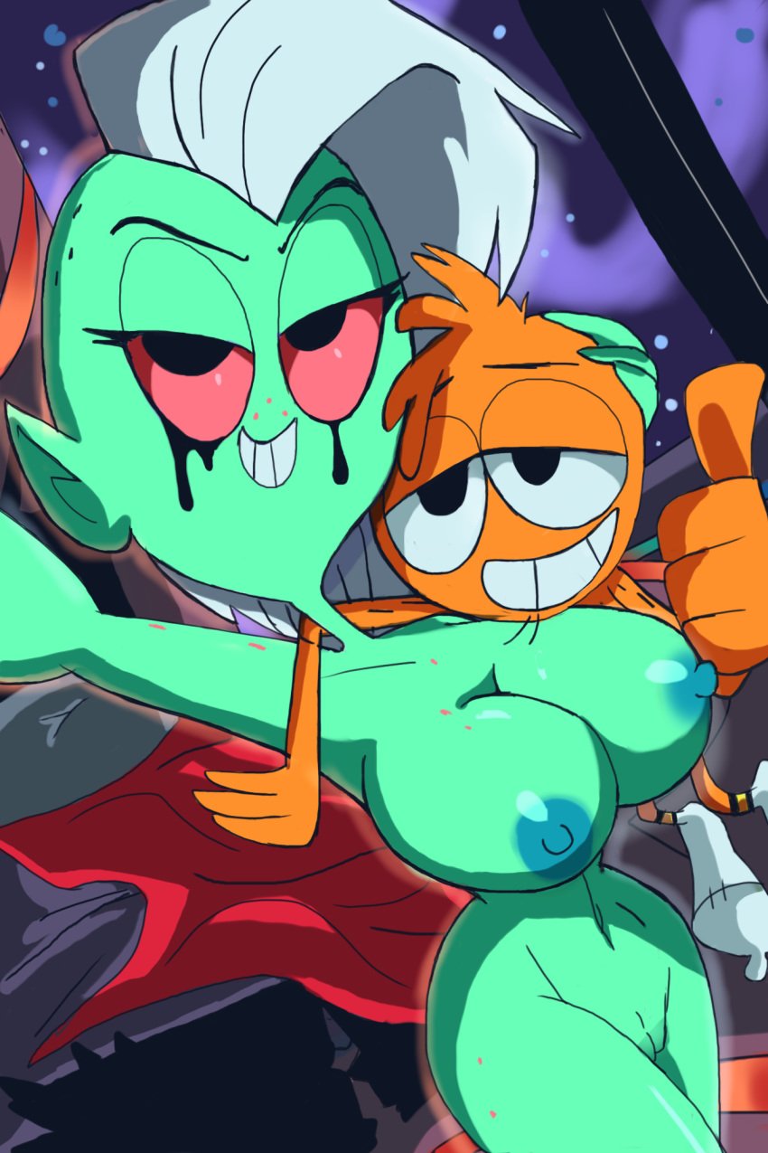 alien alien_girl areolae arm_around_shoulders asymmetrical_hair bed bedroom bedroom_eyes blue_nipples breasts cleavage curvy disney duo female freckles gesture green_skin hairless_pussy half-closed_eyes hand_on_head highres huge_breasts indoors larger_female lord_dominator male manic47 navel nipples nude orange_fur orange_hair perky_breasts pink_sclera pointy_ears pussy selfie size_difference smaller_male smile socks space star_nomad straight thumbs_up wander_(wander_over_yonder) wander_over_yonder white_hair