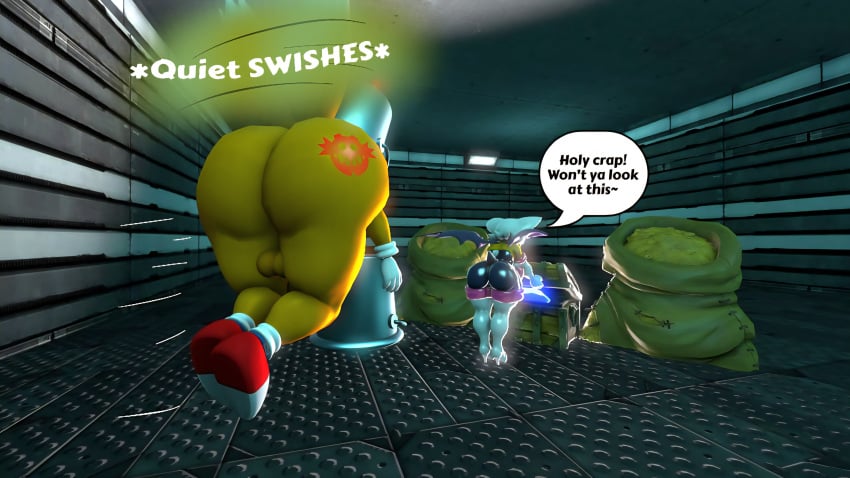 100acrew 1boy 1girls 2025 anthro ass ass_focus bat_girl bending_down bending_forward bending_over brainwashed breasts bucket_helmet chaos_emerald chestplate chum_bucket chum_bucket_bucket_helmet clothes dialogue drone eggman_logo emerald_(gem) female femboy flying fox_boy gold_(metal) gold_jewelry hand_on_mouth looking_ahead male miles_tails_prower mind_control mobian mobian_(species) nude rouge_the_bat sega sfm small_balls sonic_(series) sonic_the_hedgehog_(series) source_filmmaker speech_bubble standing tails_the_fox treasure treasure_chest white_hair yellow_body yellow_fur