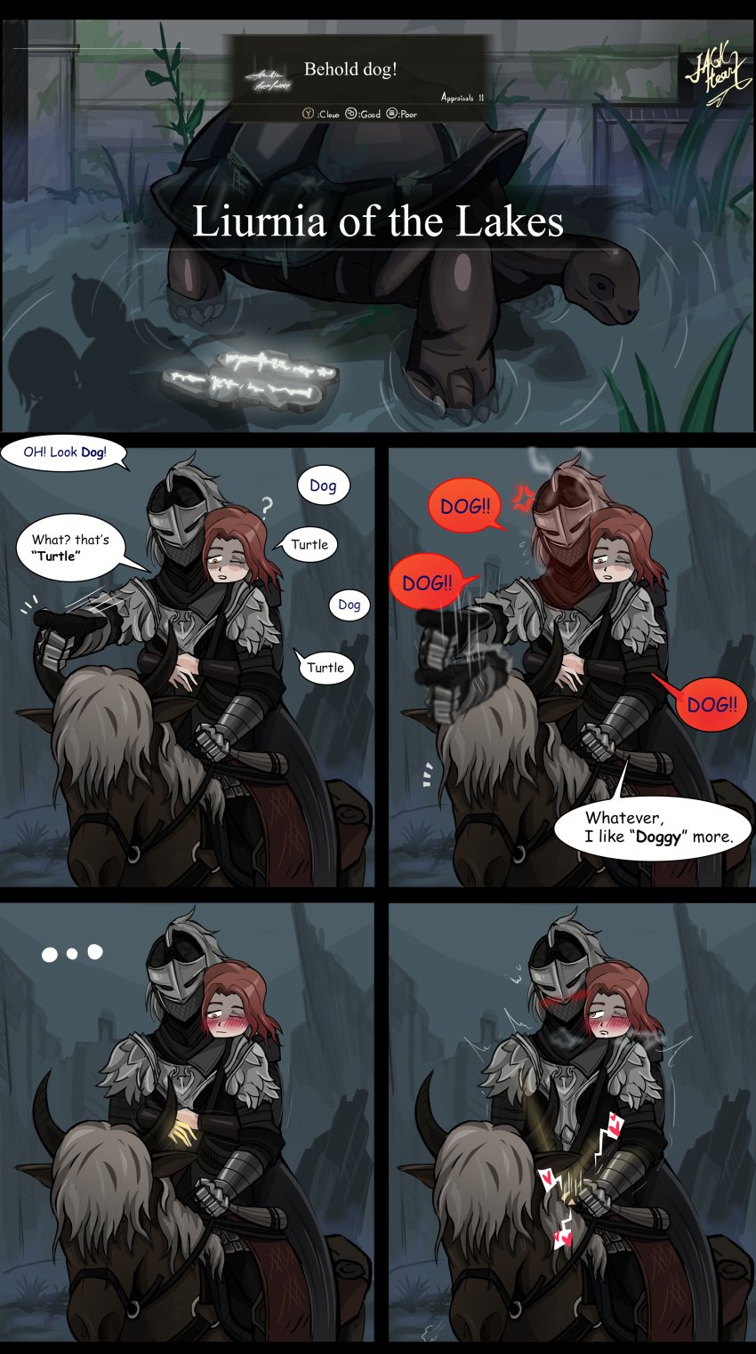 2025 bandai_namco brown_eyes brown_hair canine comic comic_page commission commission_art commission_open doggy_style doggy_style elden_ring eldenring english english_text fromsoftware horny horny_female hug jackheart jackheart_comic jackheartcm lake lovers manga manga_page manga_style melina_(elden_ring) night pixiv pixiv_commission riding sex_talk short_hair tarnished tarnished_female torrent_(elden_ring) turtle twitter twitter_link x yellow_eyes