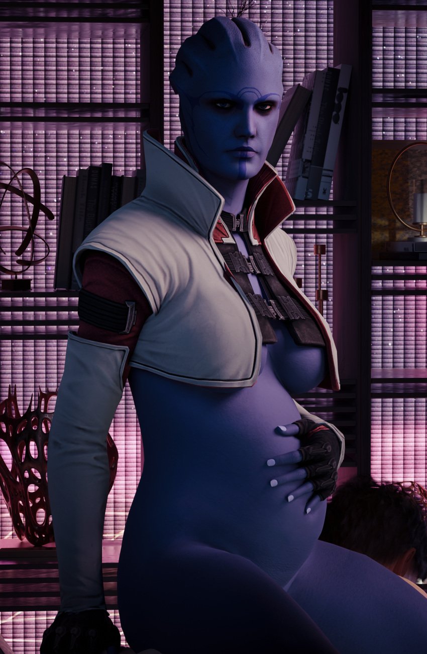 1girls 3d akikosdream alien aria_t&#039;loak asari belly big_belly big_breasts bioware blue_skin bottomless breasts female hand_on_belly mass_effect pregnant solo underboob