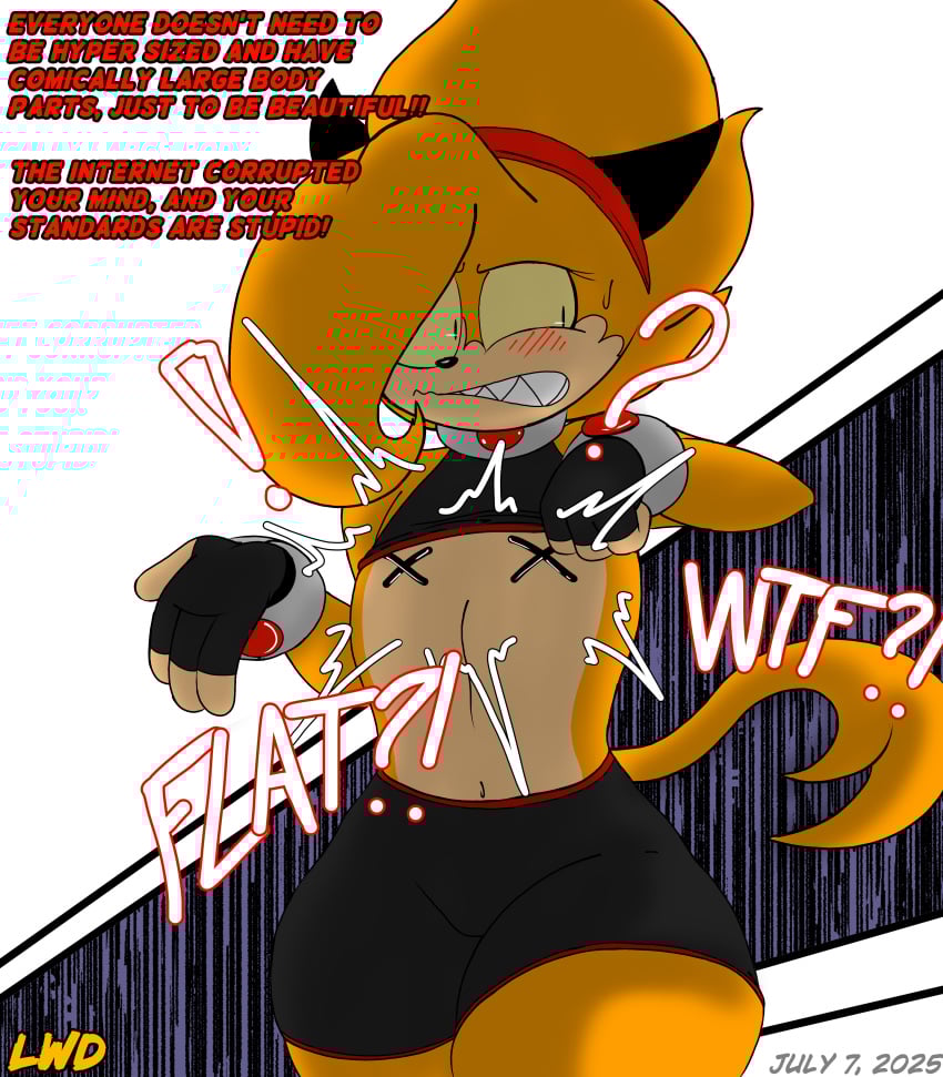 accessories alien anthro black_ears blush bottom_heavy clothed clothing crop_top dialogue embarassed_female embarrassed fangs female female_only fingerless_gloves flat_chest flat_chested frowning fully_clothed hair_accessory hair_over_one_eye lifting_clothing lifting_own_clothes lifting_shirt looking_away lwd_cartoonz multicolored_fur nipple_pasties orange_fur pasties sabrina_fang shirt_lift shirt_up short_shorts shorts spiky_hair sweatdrop tail thick thick_legs thick_thighs tight_clothing yellow_eyes
