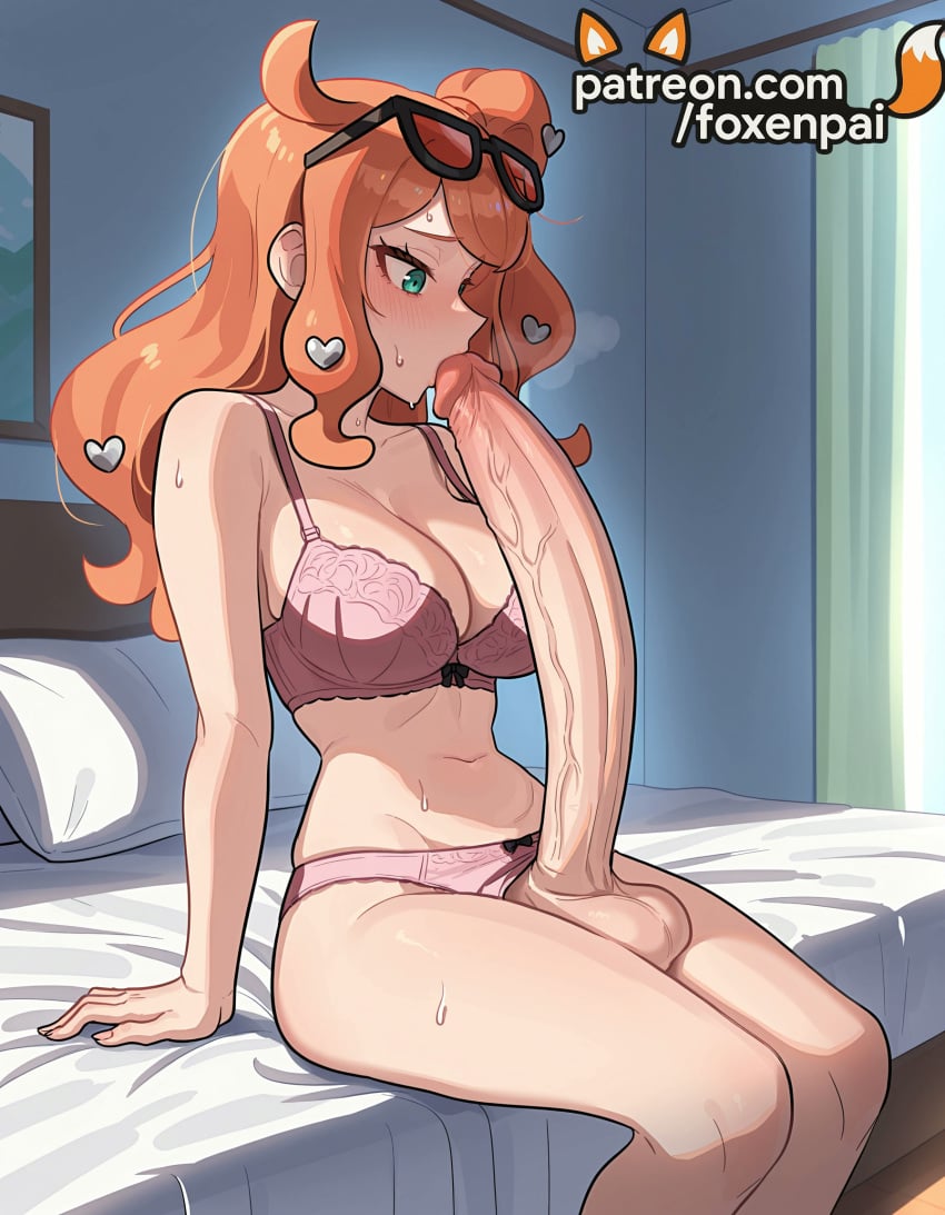 1futa 2025 ai_generated artist_name bed bedroom blush bra breasts breasts breasts bust chest cock dick erection eyewear_on_head foreskin foxenpai futanari hair_ornament heart hi_res high_quality high_resolution highres large_penis large_testicles long_hair navel on_bed orange_hair panties patreon patreon_username penis pink_bra pink_panties pokemon side_ponytail sitting sitting_on_bed sonia_(pokemon) stable_diffusion sunglasses sweat testicles uncensored underwear veins veiny_penis watermark