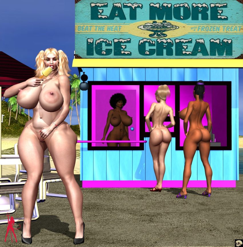 3d 4girls afro araya_(xskullheadx) back_view bare_shoulders beach big_breasts black_hair blonde_hair breasts busty butt_crack cleavage curvy dark-skinned_female dark_skin dat_ass detailed_background ear_piercing earrings english_text erect_nipple erect_nipples female female_only front_view hand_on_hip hands_on_hip hands_on_hips high_heels hourglass_figure human ice_cream lipstick long_hair looking_at_viewer makeup multiple_females multiple_girls nail_polish naked naked_footwear naked_heels nude open_mouth original_character outdoor outside ponytail pose posing red_lipstick shadow short_hair spread_legs spreading standing susan_(xskullheadx) text tied_hair tree voluptuous wide_hips xskullheadx yellow_hair