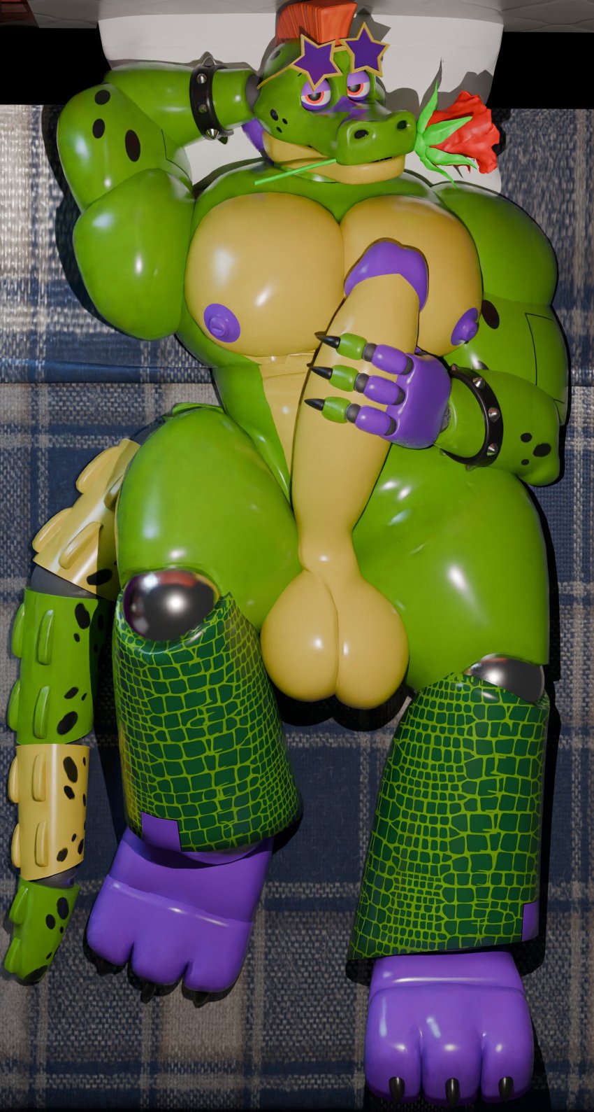 alligator alligator_tail alligatorid alligatorid_humanoid animatronic anthro anthro_male biceps black_nails caressing_penis clawed_fingers claws crocodile crocodile_tail crocodilian crocodylid eye_wear face_paint facial_markings fingerless_gloves five_nights_at_freddy&#039;s five_nights_at_freddy&#039;s:_security_breach fnaf green_body green_scales green_skin long_nails looking_at_viewer looking_pleasured machine male male_only mohawk mohawk_(hairstyle) montgomery_gator_(fnaf) muscle muscles muscular_anthro muscular_body muscular_furry muscular_male non_human on_bed presenting presenting_penis red_eyes red_hair reptile reptile_humanoid robot robot_anthro robot_humanoid rose_in_mouth scales scalie scottgames shades sharp_teeth shoulder_pads solo_male spiked_bracelet spikes spotted_body star_shades steel_wool_studios sunglasses tail_markings two_tone_body yellow_body yellow_scales yellow_skin