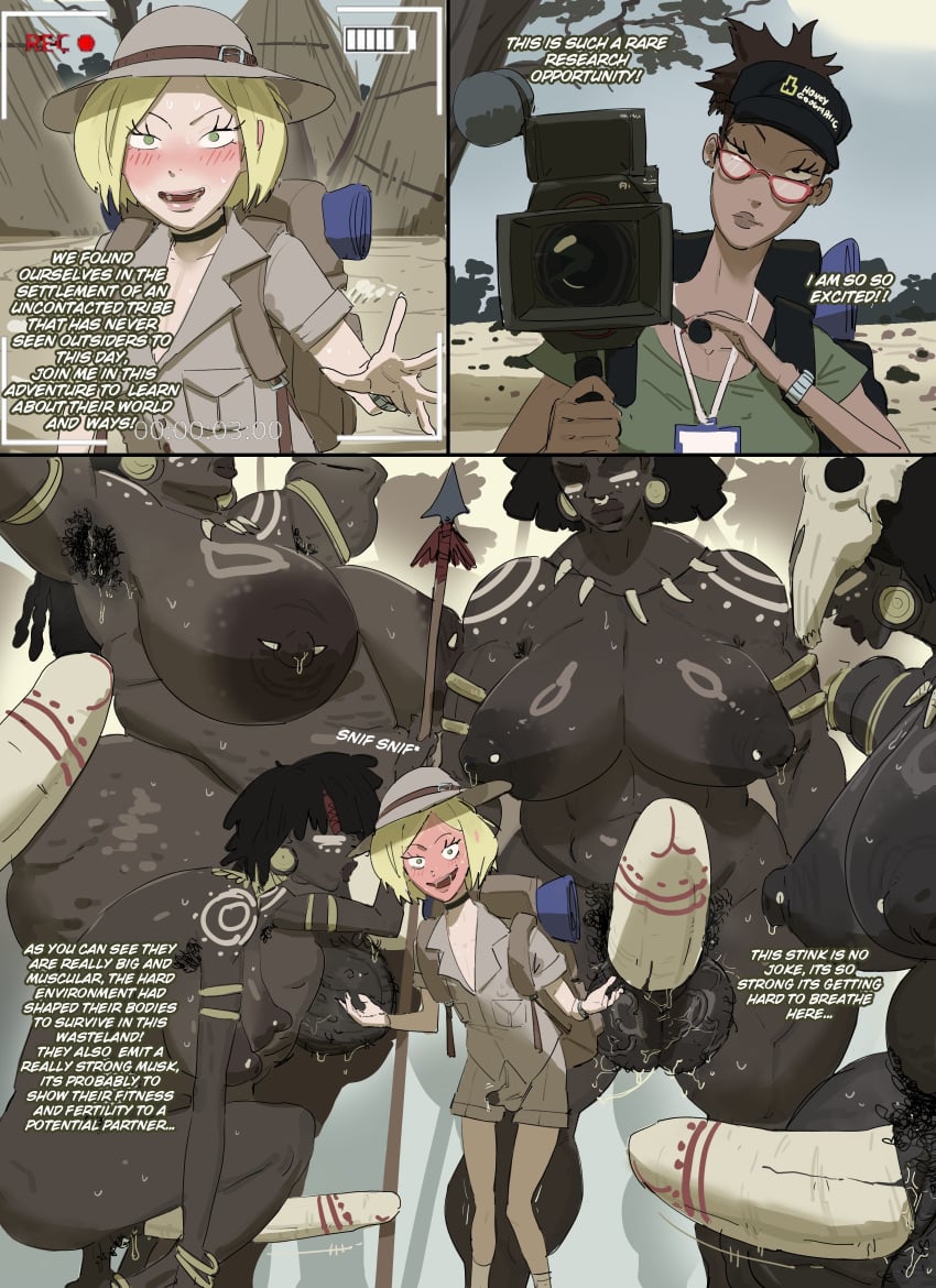 african_futa armpit_hair blonde_hair blush dark-skinned_futa dark_nipples fat_futa femboy honeybread huge_breasts huge_cock implied_imminent_sex original precum_through_clothing size_difference sweat sweaty_balls tribal tribal_markings