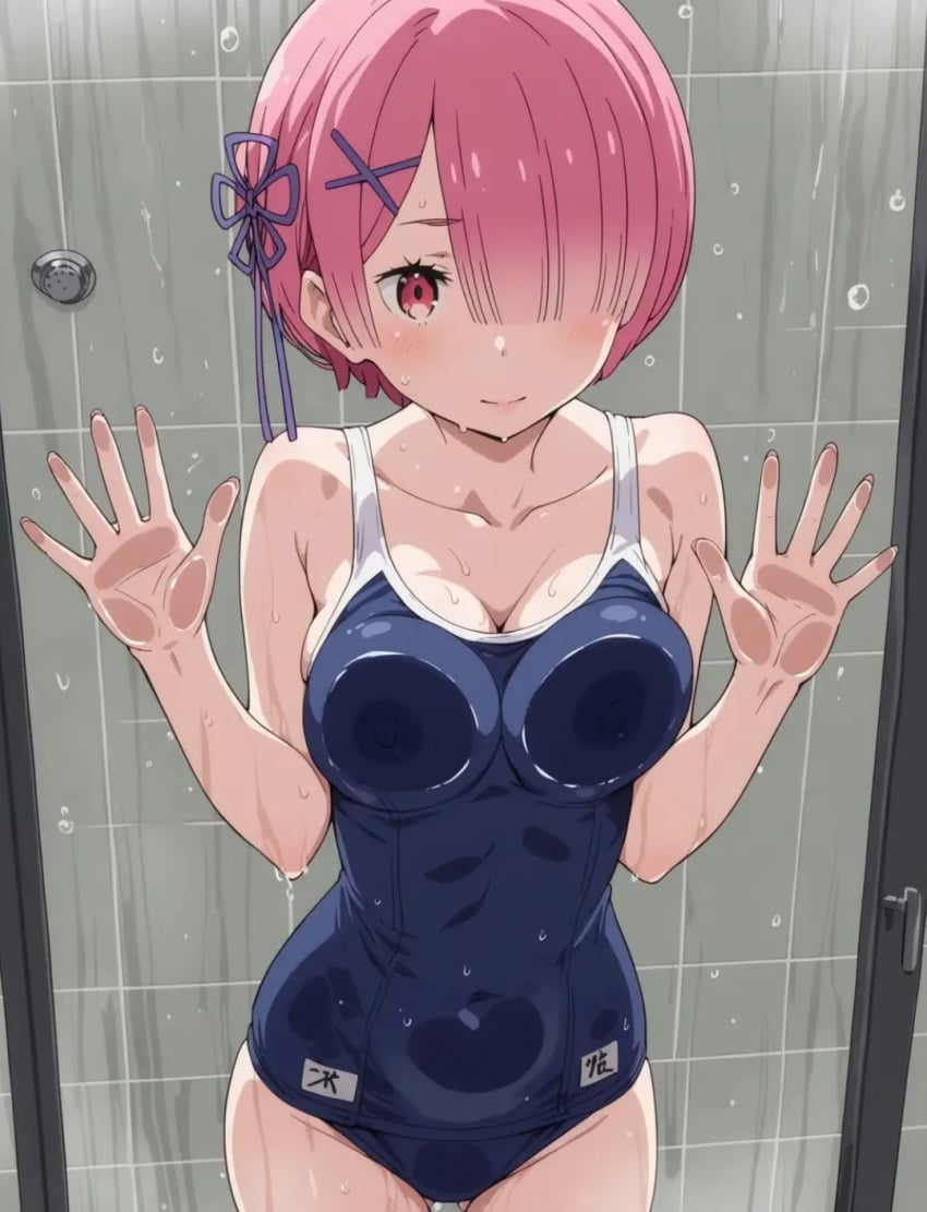 blue_swimsuit pink_eyes pink_hair ram_(re:zero) re:zero_kara_hajimeru_isekai_seikatsu swimsuit
