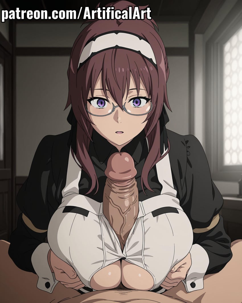 1boy 1girls ai_generated artifical_art big_breasts black_hairband blush folded_ponytail glasses hair_ornament hairband light-skinned_female light_skin lillia_greyrat long_hair maid maid_apron maid_outfit maid_uniform mature_female milf mommy mother mushoku_tensei mushoku_tensei:_isekai_ittara_honki_dasu paizuri penis penis_between_breasts perfect_body ponytail purple_eyes red_hair titjob titjob