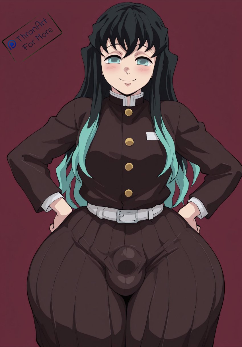 ai_generated aqua_eyes aqua_hair belt black_hair blush bulge bulge_through_clothing bulge_under_clothes chubby demon_slayer demon_slayer_uniform femboy hair_between_eyes hands_on_hips huge_ass huge_thighs long_hair muichiro_tokitou multicolored_hair smiling thick thick_ass thick_thighs thronart wide_hips