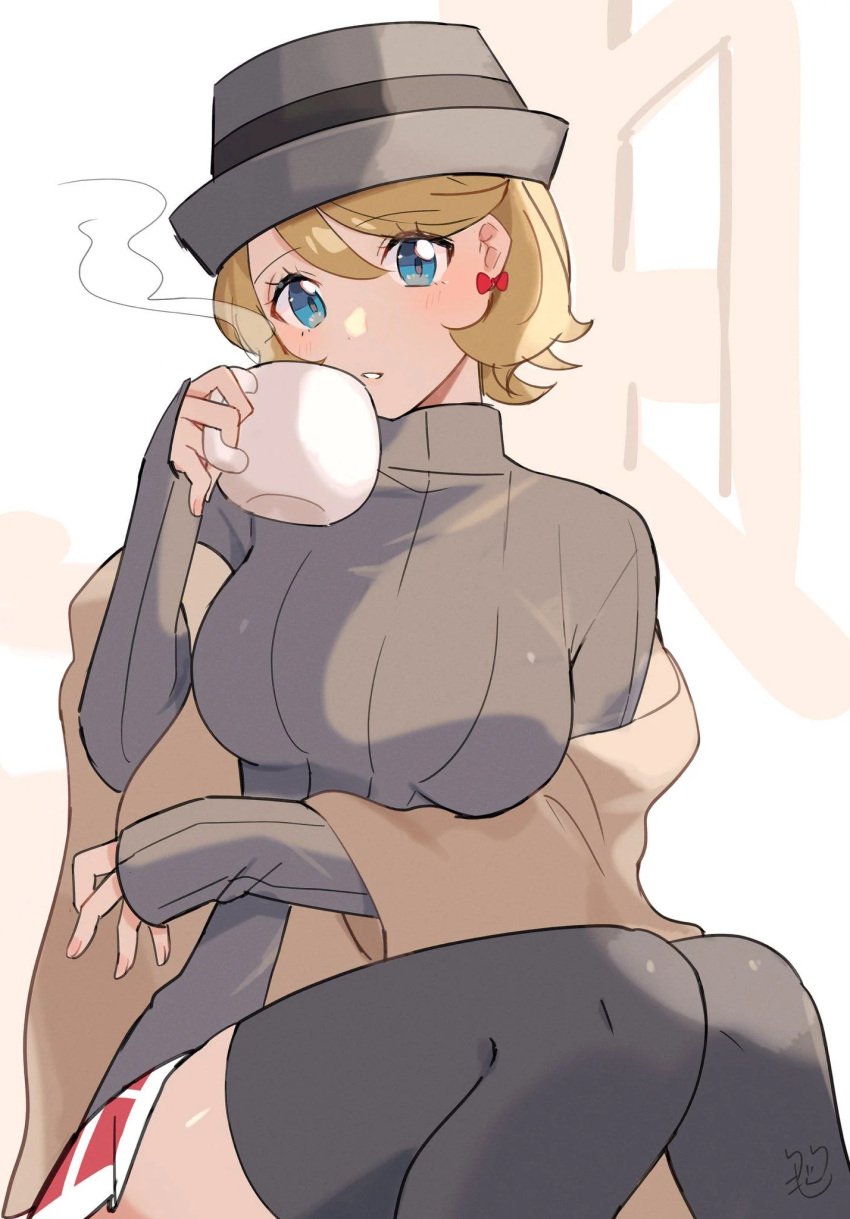 1girls 2025 big_breasts blonde_hair blue_eyes bow_earrings clothed coat drink earrings fair-skinned_female female female_focus female_only gang_signs grey_hat honey_blonde_hair knees knees_together large_breasts leggings looking_at_viewer mug nails plaid_skirt pokemon pokemon_journeys ririmon serena_(pokemon) serena_(pokemon_games) short_hair sipping sitting skirt thick_thighs thighhighs turtleneck