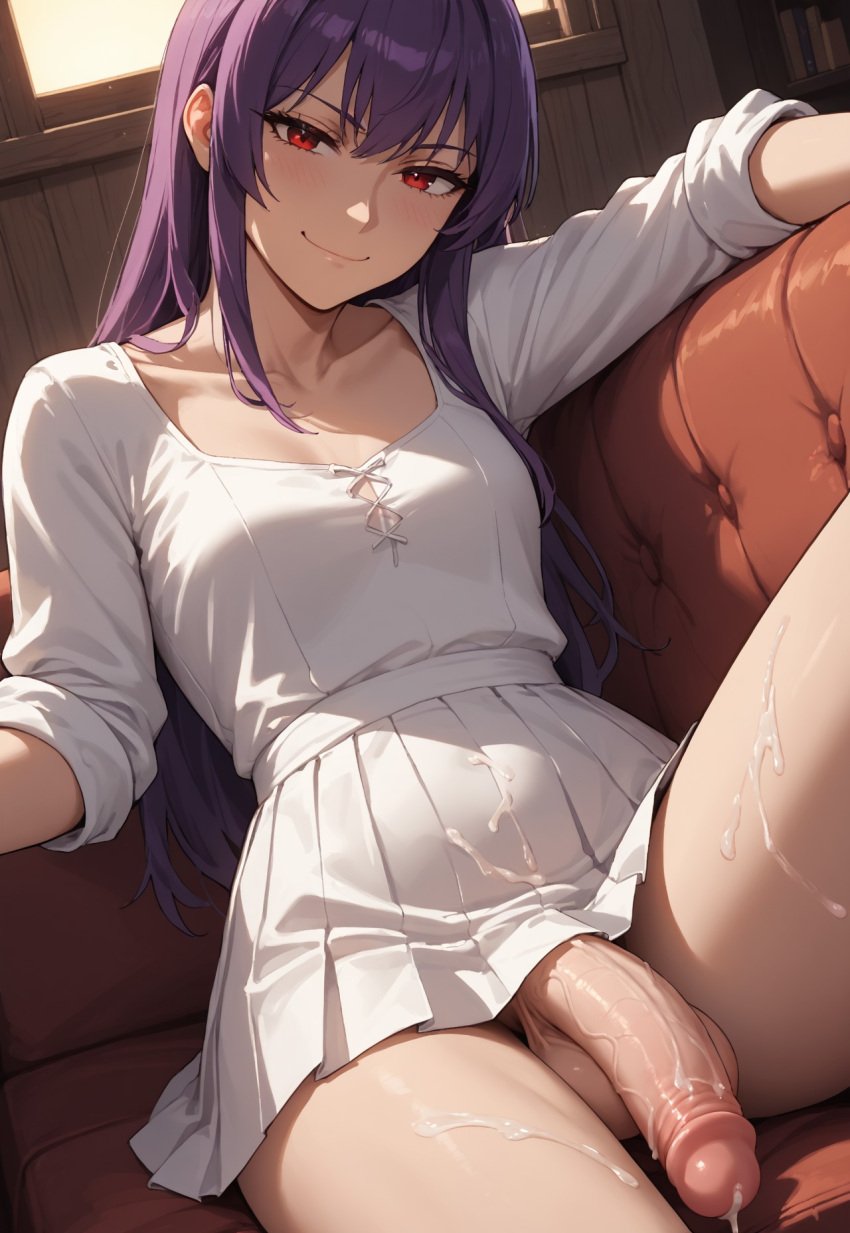 1futa ai_generated balls big_penis cum cum_on_leg cum_on_penis cumdrip flaccid futa_only futanari intersex jamesbron knee_up large_penis long_hair looking_at_viewer no_panties nurse_girl_(jamesbron) penis purple_hair reclining red_eyes sitting small_breasts smug solo solo_futa thighs white_dress wide_hips