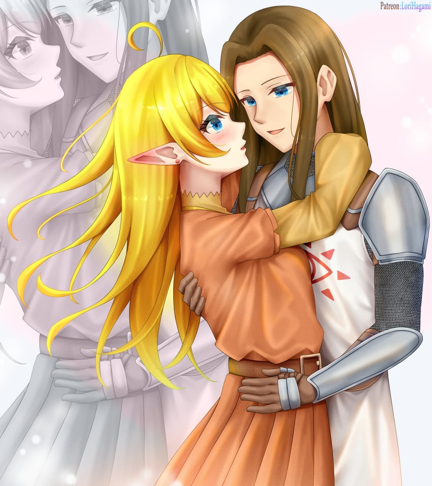 1boy absurdres ahoge almost_kissing armor belt blonde_hair blue_eyes blush brown_belt brown_gloves brown_hair chainmail commission commissioner_upload dress earrings elf embracing eye_contact eye_symbol female gloves highres hug imminent_kiss jewelry knight long_hair long_sleeves looking_at_another lori_hagami lotte_farona male medieval official_art open_mouth orange_dress pointy_ears shirt short_sleeves shoulder_armor sidelocks simple_background sleeves_past_wrists smile stephanus_tavilrond straight sun_symbol surcoat tunic very_long_hair ways_of_darkness_(series) white_background white_tunic