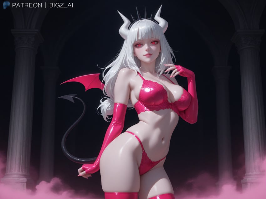 1girls absurd_res absurdres ai_generated alternate_costume artist_name ass big_breasts bigz_ai bra breasts clothed clothing demon demon_girl devil female female_focus female_only fog glowing_eyes hell helltaker highres horn horns huge_breasts large_breasts light-skinned_female light_skin lingerie long_fingernails long_sleeves looking_at_viewer lucifer_(helltaker) medium_breasts pale-skinned_female pale_skin panties pillar pink_eyes pose smile smug succubus succubus_horns succubus_tail succubus_wings tail temple white_hair wings