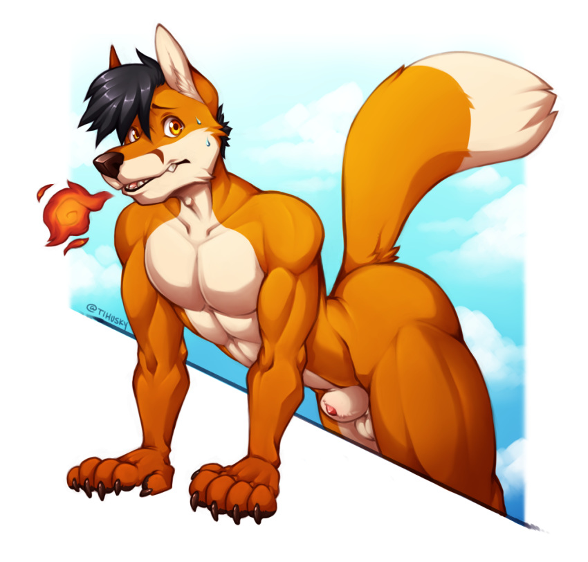 animal_genitalia anthro balls canine cloud fire fox looking_at_viewer male male_only mammal muscular muscular_male nude sheath solo spazzyhusky standing sweat thick_thighs