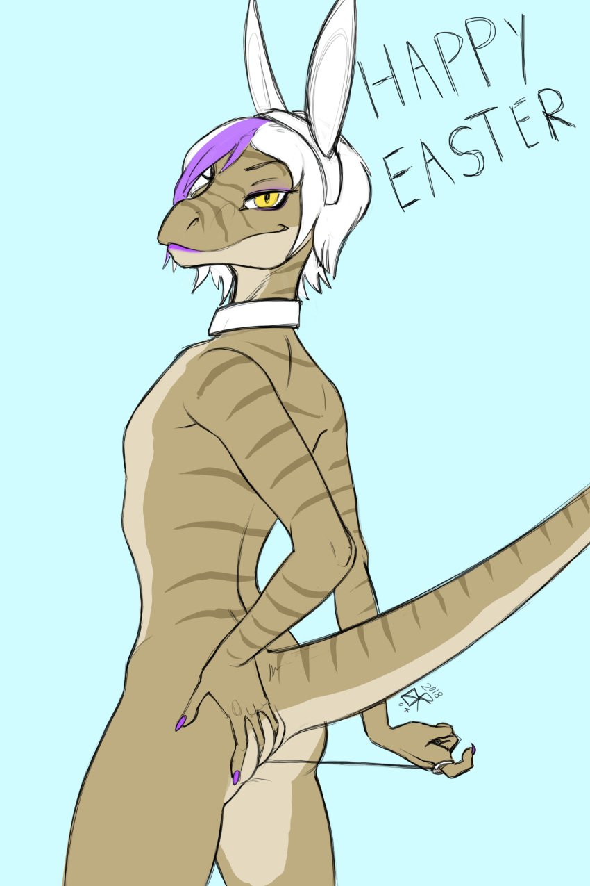 animated anthro april_fools collar colored_sketch dinosaur easter english_text girly hair hand_on_butt holidays ldr looking_at_viewer makeup male mascara masturbation raptor solo standing text theropod