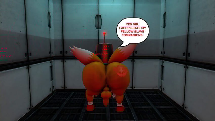 100acrew 1boy 2025 anthro ass ass_focus bent_over brainwashed bucket_helmet chum_bucket chum_bucket_bucket_helmet dialogue drone eggman_logo femboy hands_down huge_ass male_only miles_tails_prower mind_control mobian mobian_(species) nude penis sega sfm small_balls small_penis sonic_(series) sonic_the_hedgehog_(series) source_filmmaker speech_bubble tails_the_fox yellow_body yellow_fur