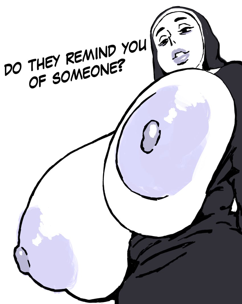 1girls big_breasts bogmoza breasts breasts_out english_text female female_only from_below greyscale huge_breasts large_breasts looking_at_viewer monochrome nipples nun nun_outfit original text upper_body viewed_from_below
