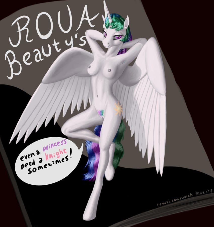 alicorn anthro breasts cutie_mark english_text equine feathered_wings feathers female friendship_is_magic hair hi_res horn lemurlemurovich mammal multicolored_hair my_little_pony nipples nude princess_celestia_(mlp) purple_eyes pussy solo speech_bubble text wings