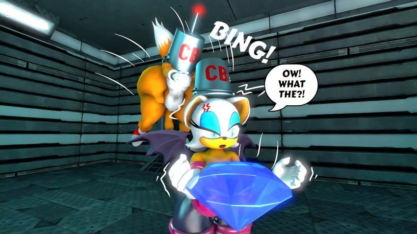 100acrew 1boy 1girls 2025 anthro bat_girl brainwashed breasts bucket_of_water bucket_on_head chaos_emerald chestplate chum_bucket chum_bucket_bucket_helmet dialogue drone emerald_(gem) female femboy fox_boy male mind_control mobian mobian_(species) rouge_the_bat sega sfm sonic_(series) sonic_the_hedgehog_(series) source_filmmaker speech_bubble standing white_hair yellow_body yellow_skin