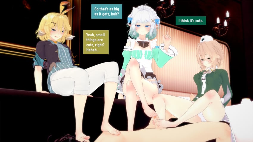 1boy 3d 3girls clothed_female_nude_male dokibird erect_penis foot_fetish foot_licking footjob koikatsu mint_fantome nimi_nightmare simp_no_3769 small_penis_humiliation teasing twitch virtual_youtuber
