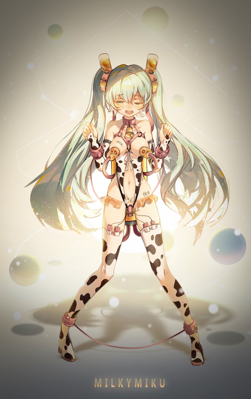 animal_print bell bell_collar body_writing bondage boots bound breasts character_name collar cow_girl cow_print elbow_gloves eyebrows_visible_through_hair female femsub fingerless_gloves full_body gloves green_eyes green_hair hatsune_miku highres kvpk5428 long_hair medium_breasts milk_in_pussy milk_mustache navel object_insertion one_eye_closed open_mouth pussy revealing_clothes sex_machine skimpy_clothes solo stockings thigh_boots thighhighs translation_request twintails vaginal_object_insertion vaginal_penetration very_long_hair vibrator vocaloid