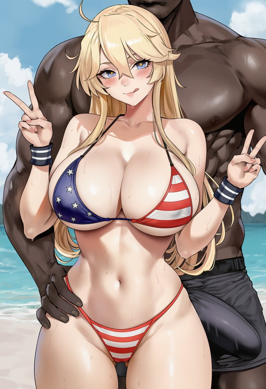 1boy1girl ai_generated american_flag_bikini ass_visible_through_thighs beach bikini blush bulge cheating cuckold curvy dark-skinned_male dark_skin double_peace_sign female grabbing_from_behind hi_res hip_grab huge_breasts huge_cock imminent_sex interracial iowa_(kantai_collection) kantai_collection large_breasts licking_lips light-skinned_female male muscular muscular_male netorare ntr outdoors shiny_skin size_difference sweat very_dark_skin