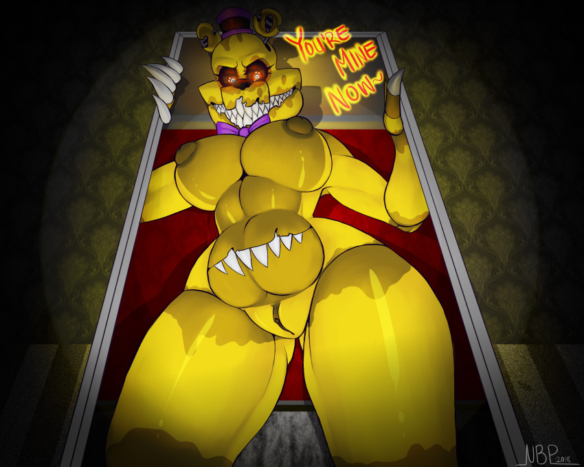 2018 absurd_res animatronic bear big_breasts bow_tie breasts digital_media_(artwork) female five_nights_at_freddy's five_nights_at_freddy's_4 glowing glowing_eyes hi_res huge_breasts looking_at_viewer machine mammal navel nightmare_fredbear_(fnaf) nightmarebearpuff nipples nude pussy robot rule_63 sharp_teeth signature smile solo standing stomach_mouth teeth text thick_thighs video_games wide_hips