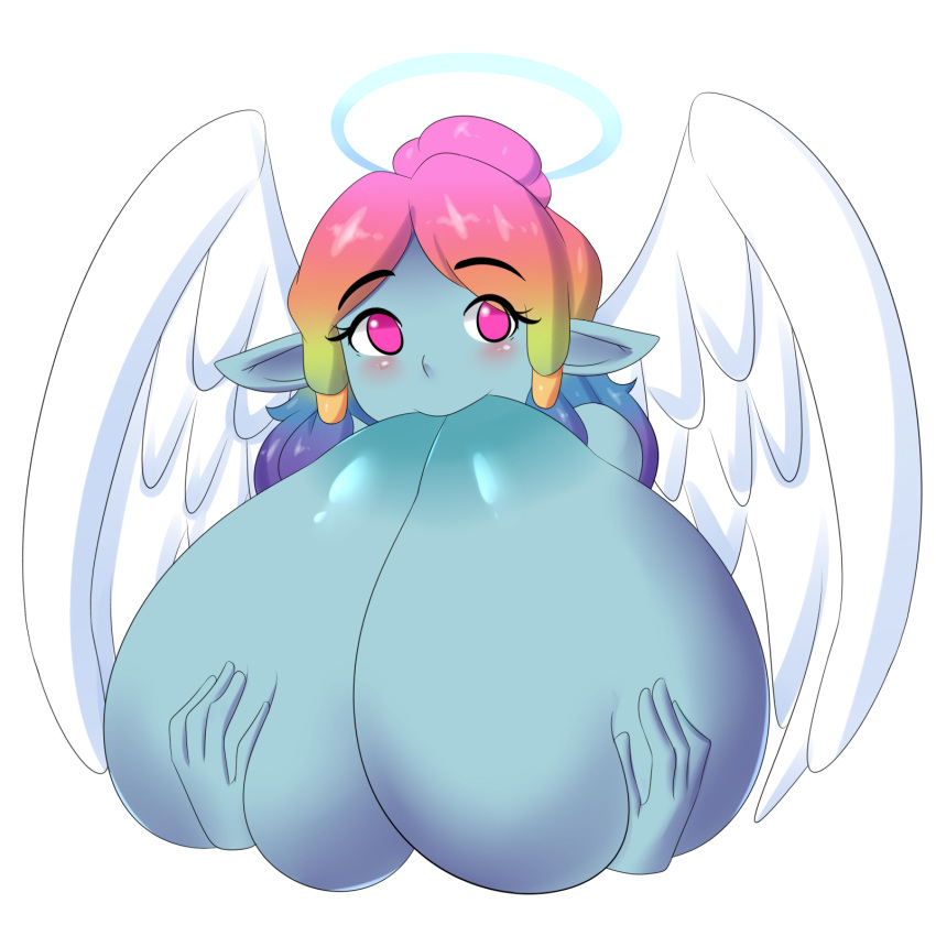 angel angel_wings big_breasts blue_skin breast_grab breast_squeeze breast_sucking elf eonbound goddess halo huge_breasts jcdr large_breasts multicolored_hair pink_eyes rainbow_hair self_breast_sucking xaessya