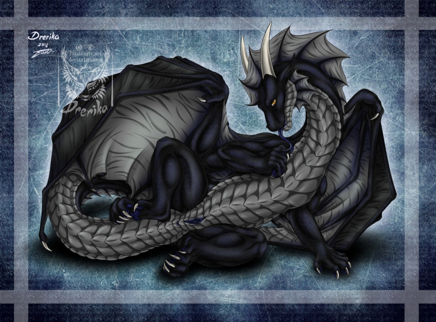 2018 anus claws digital_media_(artwork) dragon drerika female feral horn lying nachtschwinge on_side pussy scalie solo tongue watermark wings