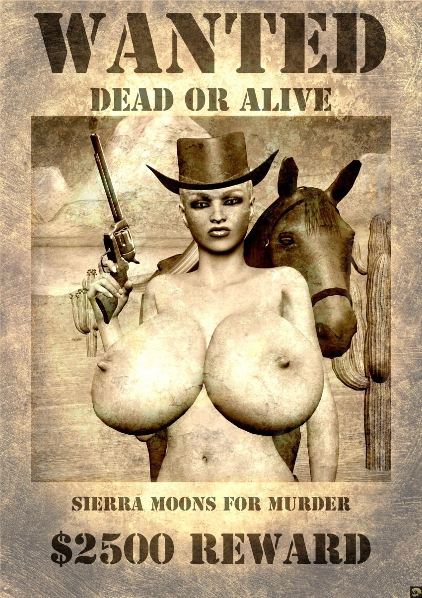 1girls 3d bare_shoulders big_breasts busty cleavage cowboy cowboy_hat curvy detailed_background english_text erect_nipple erect_nipples eyelashes female female_only front_view hat holding_object horse hourglass_figure human no_bra outdoor outside pose posing shadow shiny shiny_skin sierra_moons solo standing stockings text voluptuous weapon wide_hips xskullheadx