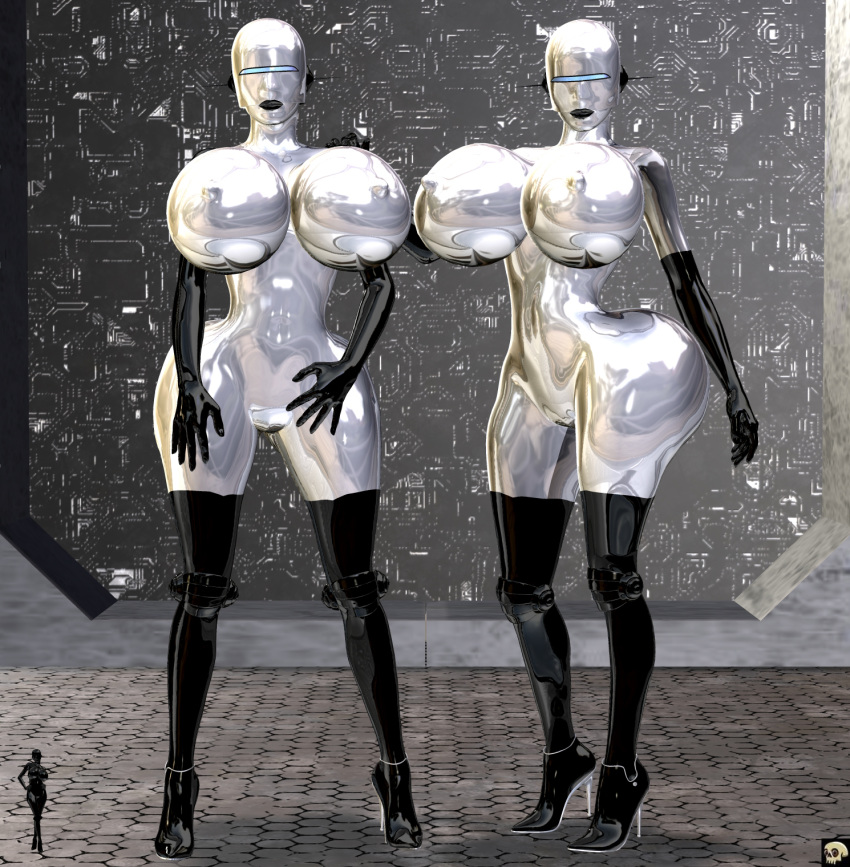 2girls 3d android bald bare_shoulders big_breasts black_lips busty cleavage curvy detailed_background erect_nipple erect_nipples eyelashes female female_only fembot_(xskullheadx) front_view high_heels hourglass_figure humanoid looking_at_viewer multiple_females multiple_girls naked nude pose posing shadow shiny shiny_skin silver_skin standing voluptuous wide_hips xskullheadx