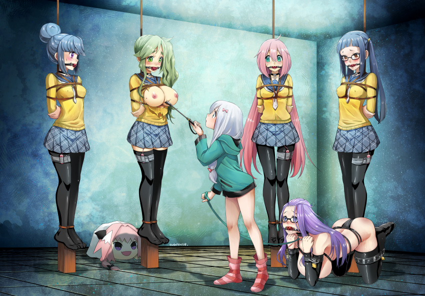 6girls absurdres all_fours arms_behind_back astolfo_(fate) ball_gag big_breasts bitchsuit blue_hair blush bondage bound bound_ankles bound_arms breasts breasts_out clothing collar eromanga_sensei eudetenis exposed_breasts fate/apocrypha fate/grand_order fate_(series) female femsub gag gagged glasses green_hair haunted_astolfo_bean_plush highres inuyama_aoi izumi_sagiri kagamihara_nadeshiko large_breasts leash multiple_girls multiple_subs nipples panties peril petplay pink_hair predicament_bondage purple_hair restrained school_uniform shima_rin skirt small_dom_big_sub stockings suspension tape torn_clothes vibrator vibrator_taped_to_leg yuri yurucamp