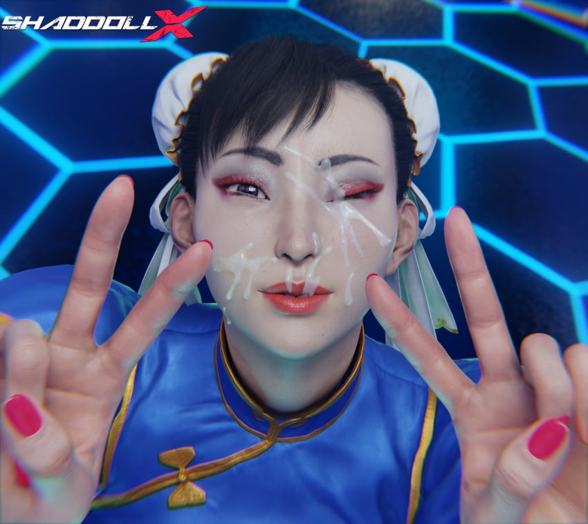 3d absurd_res after_sex bukkake chun-li clothed_female_nude_male cum highres semen shaddoll_x street_fighter surrounded_by_penises tongue
