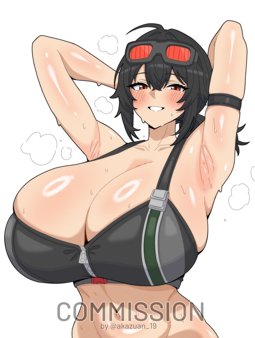 1girls akazuan_19 armpits breasts cleavage female female_focus female_only large_breasts light-skinned_female light_skin looking_at_viewer solo white_background zenless_zone_zero zhu_yuan