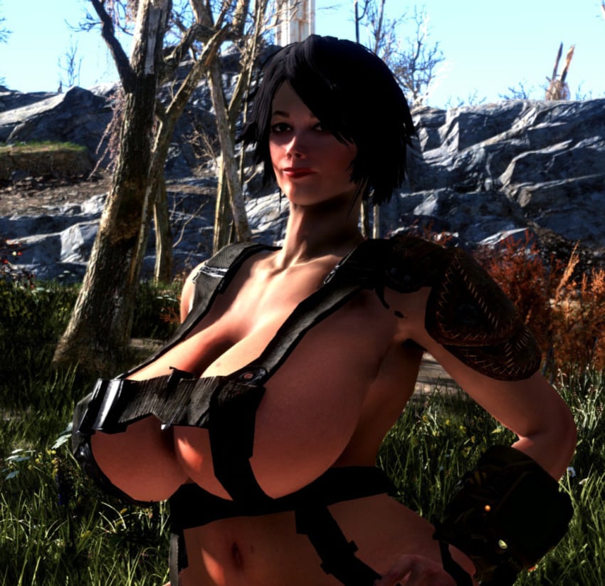 1girls 3d big_breasts black_hair breasts chubby cleavage fallout fallout_4 female female_only huge_breasts human large_breasts lexingtonbanner liza original_character outdoors outside posing short_hair wide_hips