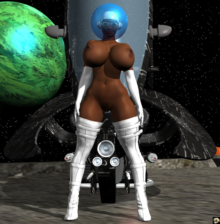 1girls 3d bare_shoulders big_breasts boots busty cleavage cosmic_girl curvy dark-skinned_female dark_skin detailed_background elbow_gloves erect_nipple erect_nipples female female_only front_view gloves hairy_pussy helmet hourglass_figure human looking_at_viewer naked nude outdoor outside pose posing pubes pubic_hair shadow shaved_pussy shiny shiny_skin solo space spread_legs spreading standing voluptuous white_footwear white_legwear white_stockings wide_hips xskullheadx