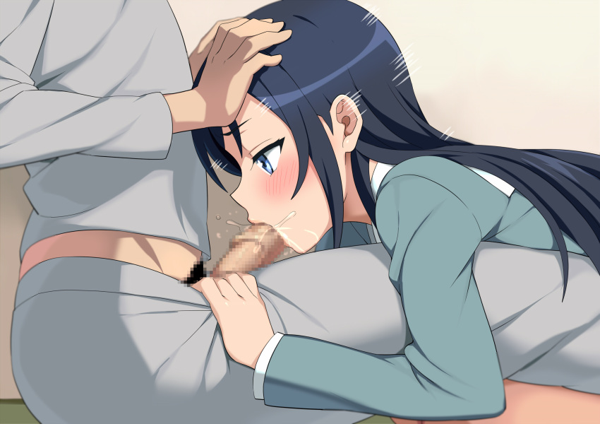 aragaki_ayase black_hair blue_eyes blue_hair blush censored clothing fellatio female hand_on_another's_head highres indoors legs long_hair looking_down male male_pubic_hair matching_hair/eyes mosaic_censoring motion_lines oral ore_no_imouto_ga_konna_ni_kawaii_wake_ga_nai penis pubic_hair saliva school_uniform shin'ya_(shin'yanchi) sitting solo_focus thighs