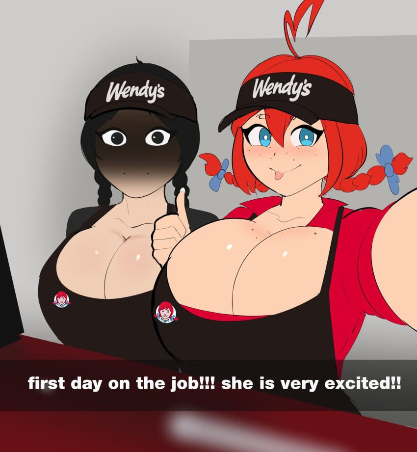 2girls big_breasts cleavage g3mma huge_breasts looking_at_viewer selfie snapchat text the_addams_family uniform visor wednesday_addams wendy's wendy_thomas