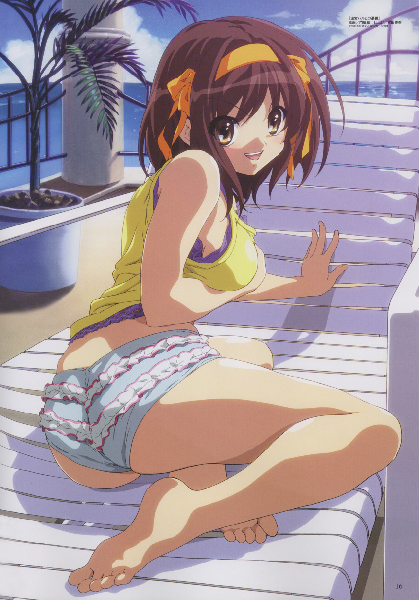 ass barefoot breast_hold breasts brown_hair chair feet female hair_ribbon highres lounge_chair medium_breasts megami_magazine nishiya_futoshi official_art ribbon scan short_hair short_shorts shorts sideboob soles solo suzumiya_haruhi suzumiya_haruhi_no_yuuutsu toes