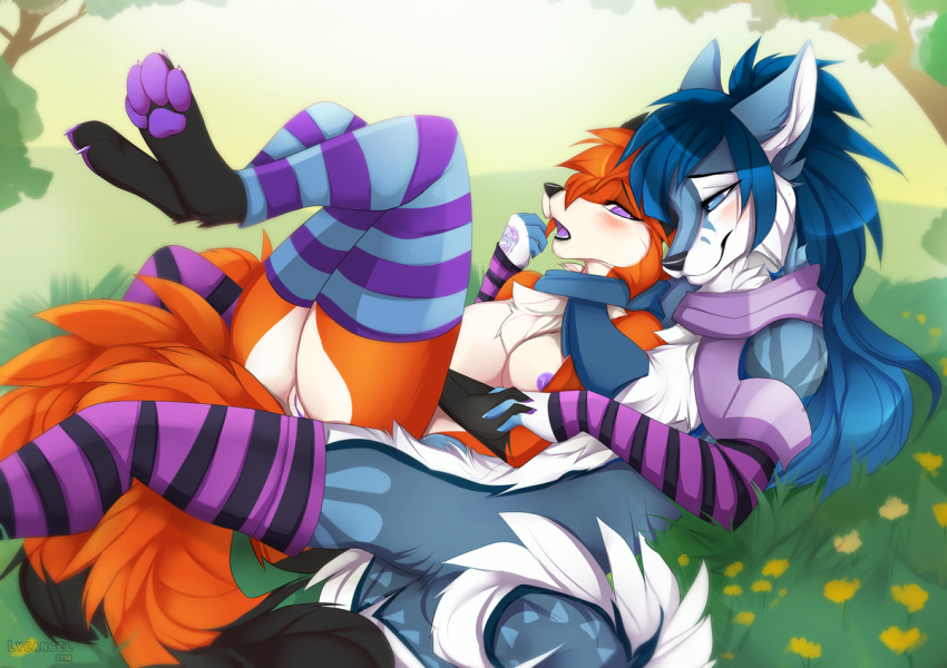 2018 5_fingers anthro blue_eyes blue_fur blue_hair breasts canine day duo female fox fur grass hair love lycangel lying male mammal nipples on_back orange_fur orange_hair outside pussy romantic romantic_couple sky straight white_fur wolf