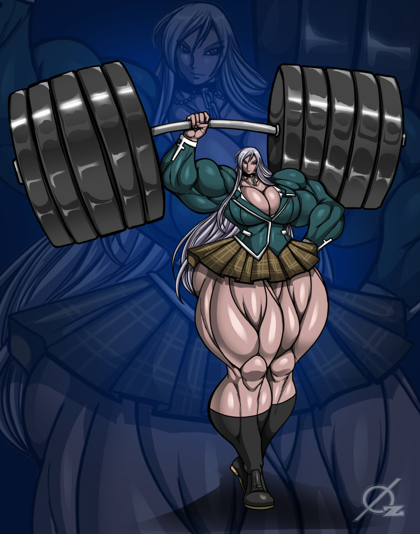 akashiya_moka barbell breasts extreme_muscles huge_breasts inner_moka muscles muscular_female osmar-shotgun rosario+vampire school_uniform silver_hair weightlifting