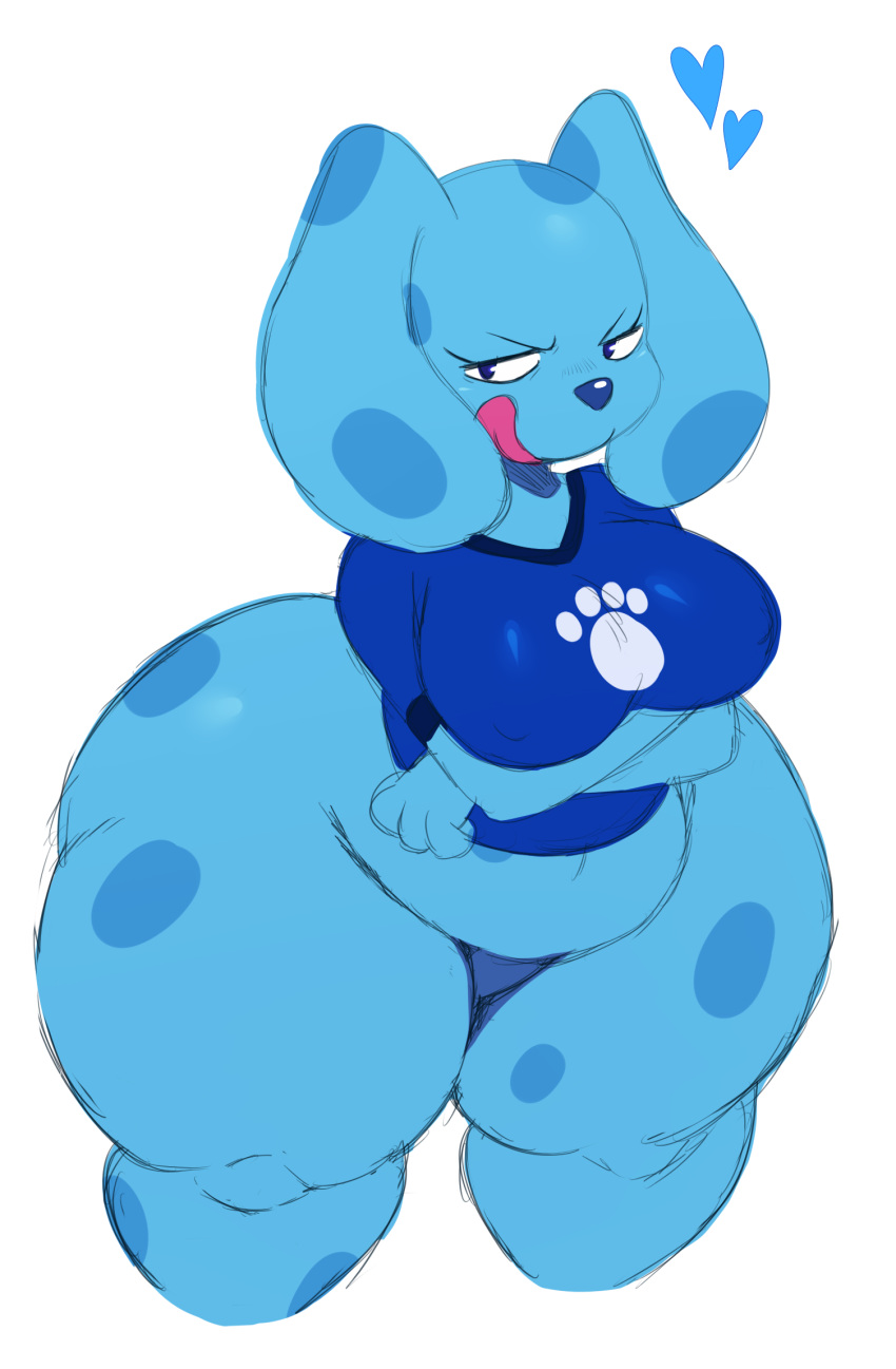 blue's_clues blue_(blue's_clues) blue_eyes bottomless breasts bubble_butt chubby clothing erect_nipples eyebrows female female_focus female_only furry huge_breasts hyper_ass nickelodeon shirt simple_background solo sssonic2 standing thick_thighs thighs tongue tongue_out white_background wide_hips