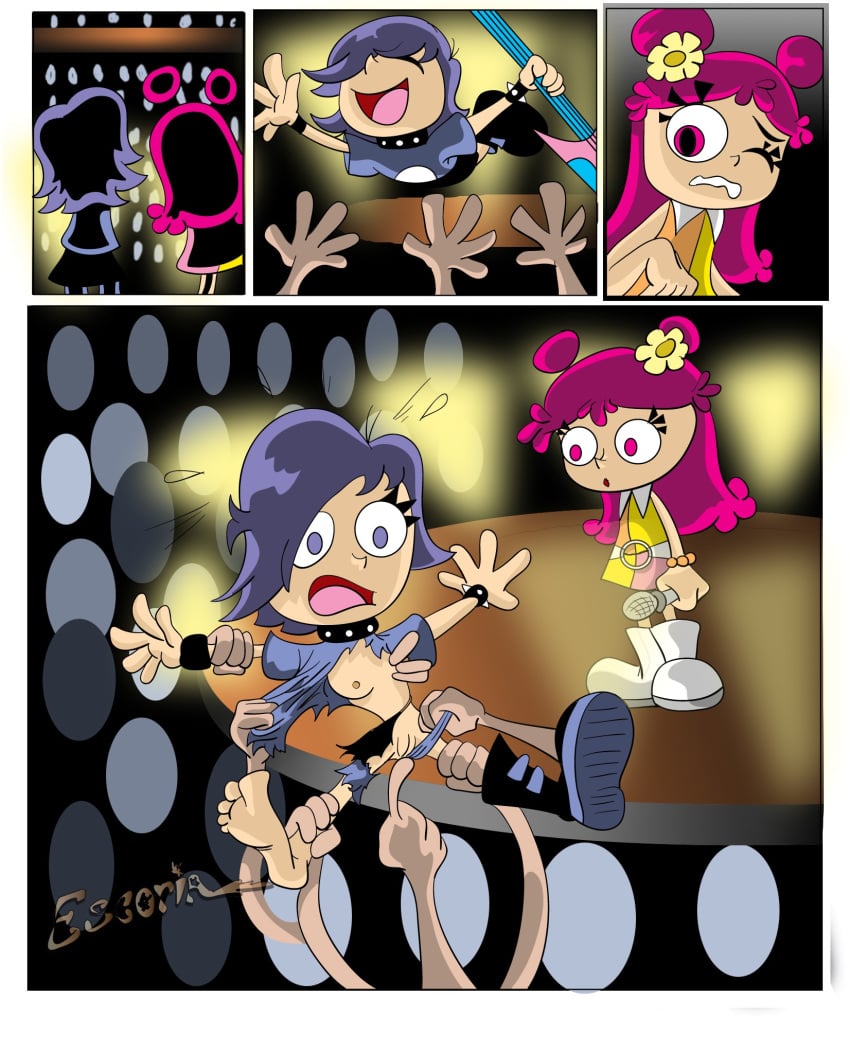 2girls ami_onuki audience blue_hair cartoon_network crowd_surfing escoria female footwear guitar hi_hi_puffy_amiyumi human instrument multiple_girls musical_instrument neckwear partial_male public ripped_clothing tagme torn_clothing wristwear yumi_yoshimura