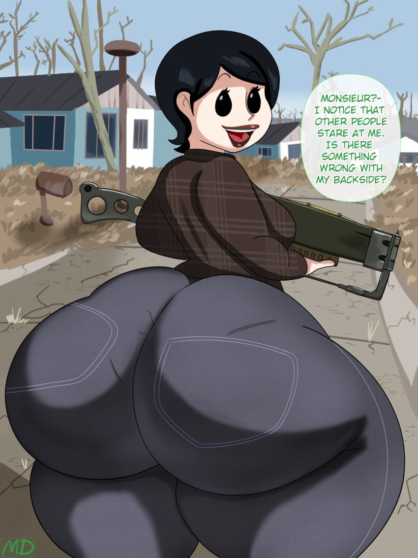 ass bethesda_softworks big_ass black_hair curie_(fallout_4) dat_ass fallout fallout_4 female female_only huge_ass jeans light_skin lips mackdazzle short_hair tagme text unaware