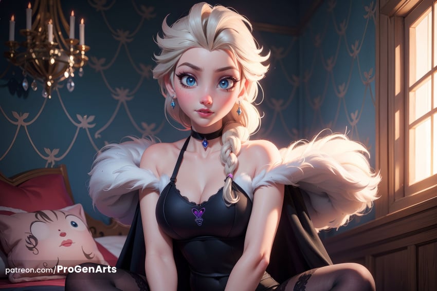 1girls ai_generated artist_name bare_shoulders big_breasts black_choker black_dress black_thighhighs blonde_hair blue_eyes braid breasts candle cape choker cleavage collarbone disney disney_princess dress earrings elsa_(frozen) female frozen frozen_(film) frozen_2 fur_trim hair_over_shoulder hi_res indoors jewelry large_breasts lips long_hair looking_at_viewer makeup medium_breasts nose parted_lips patreon_username progenarts single_braid sitting solo thighhighs watermark web_address window