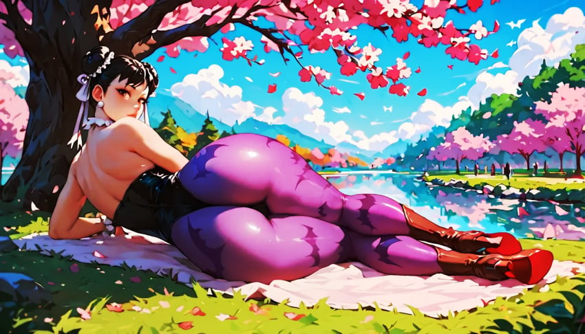 1girls ai_generated ass ass_out big_ass capcom cherry_blossoms chun-li cosplay darkstalkers exposed_back female female_only large_ass looking_back lying_on_side morrigan_aensland_(cosplay) park river sakura_tree street_fighter